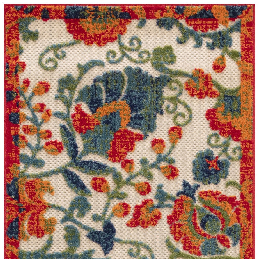 8' Ivory Orange Blue And Green Floral Indoor Outdoor Runner Rug HomeRoots
