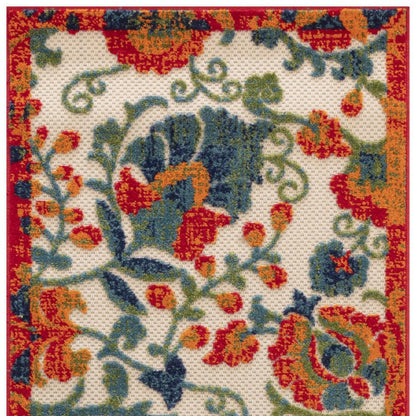 8' Ivory Orange Blue And Green Floral Indoor Outdoor Runner Rug HomeRoots