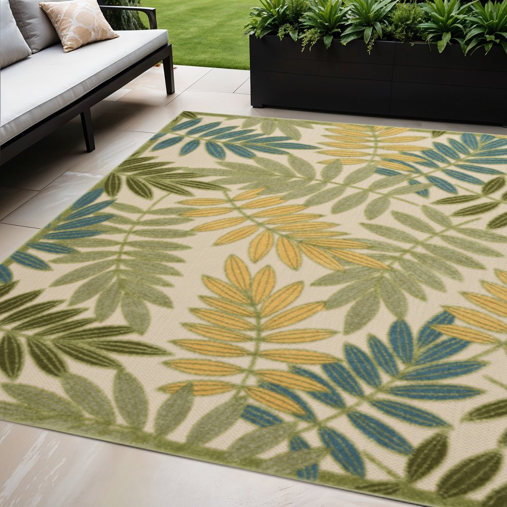 5' X 8' Green Yellow And Blue Palm Leaf Indoor Outdoor Area Rug HomeRoots