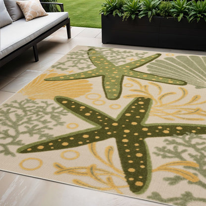 5' X 8' Green Yellow And Blue Starfish Indoor Outdoor Area Rug HomeRoots