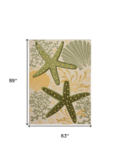 5' X 8' Green Yellow And Blue Starfish Indoor Outdoor Area Rug HomeRoots