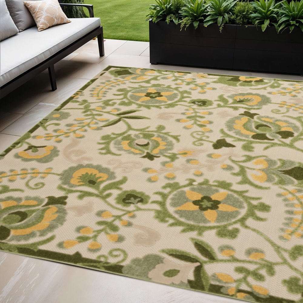 5' X 8' Ivory Green And Yellow Floral Indoor Outdoor Area Rug HomeRoots