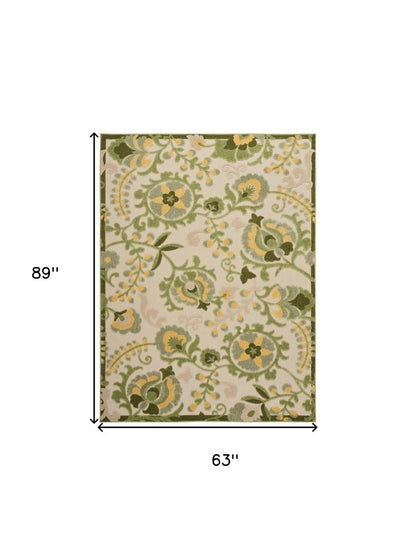 5' X 8' Ivory Green And Yellow Floral Indoor Outdoor Area Rug HomeRoots