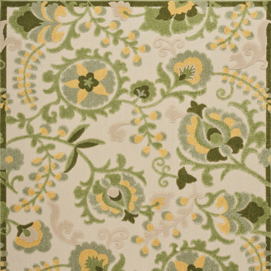 5' X 8' Ivory Green And Yellow Floral Indoor Outdoor Area Rug
