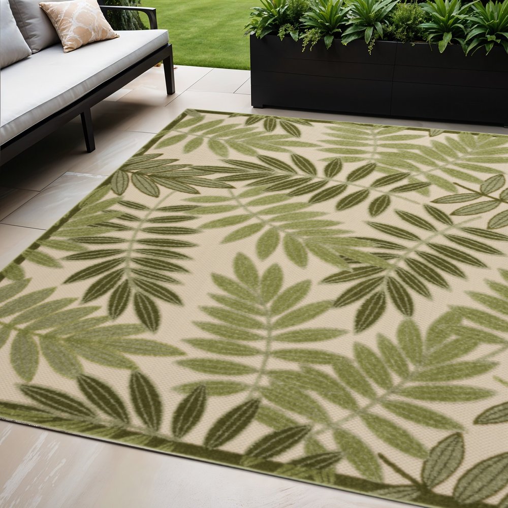 5' X 8' Ivory And Green Palm Leaf Indoor Outdoor Area Rug HomeRoots