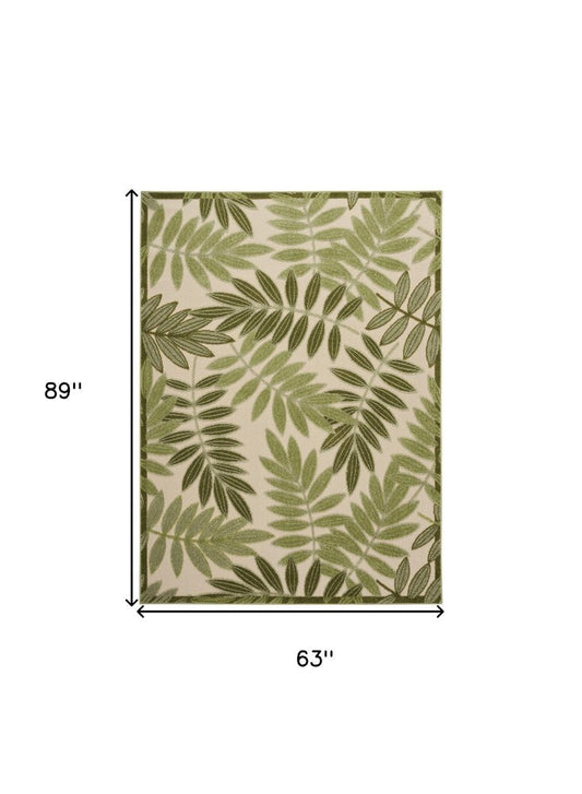 5' X 8' Ivory And Green Palm Leaf Indoor Outdoor Area Rug