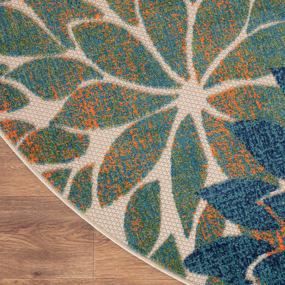 8' Blue Green And Orange Round Floral Indoor Outdoor Area Rug HomeRoots