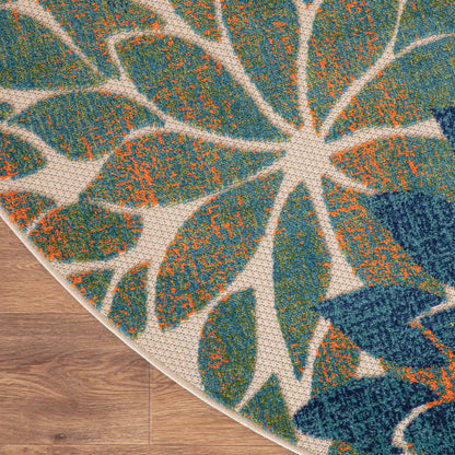8' Blue Green And Orange Round Floral Indoor Outdoor Area Rug HomeRoots