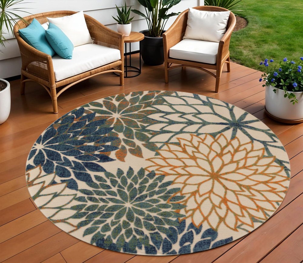 8' Blue Green And Orange Round Floral Indoor Outdoor Area Rug HomeRoots