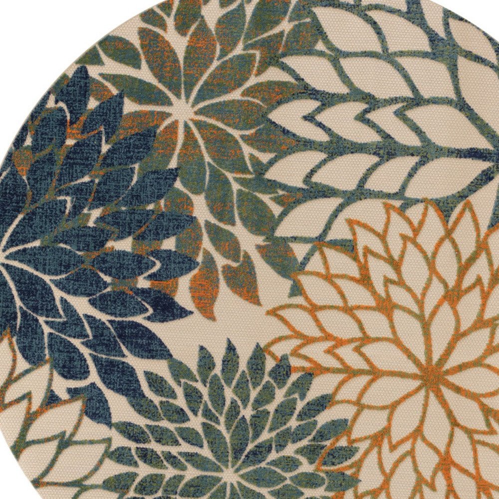 8' Blue Green And Orange Round Floral Indoor Outdoor Area Rug HomeRoots