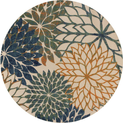 8' Blue Green And Orange Round Floral Indoor Outdoor Area Rug HomeRoots