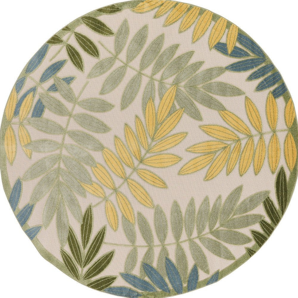 8' Green Yellow And Blue Round Palm Leaf Indoor Outdoor Area Rug HomeRoots