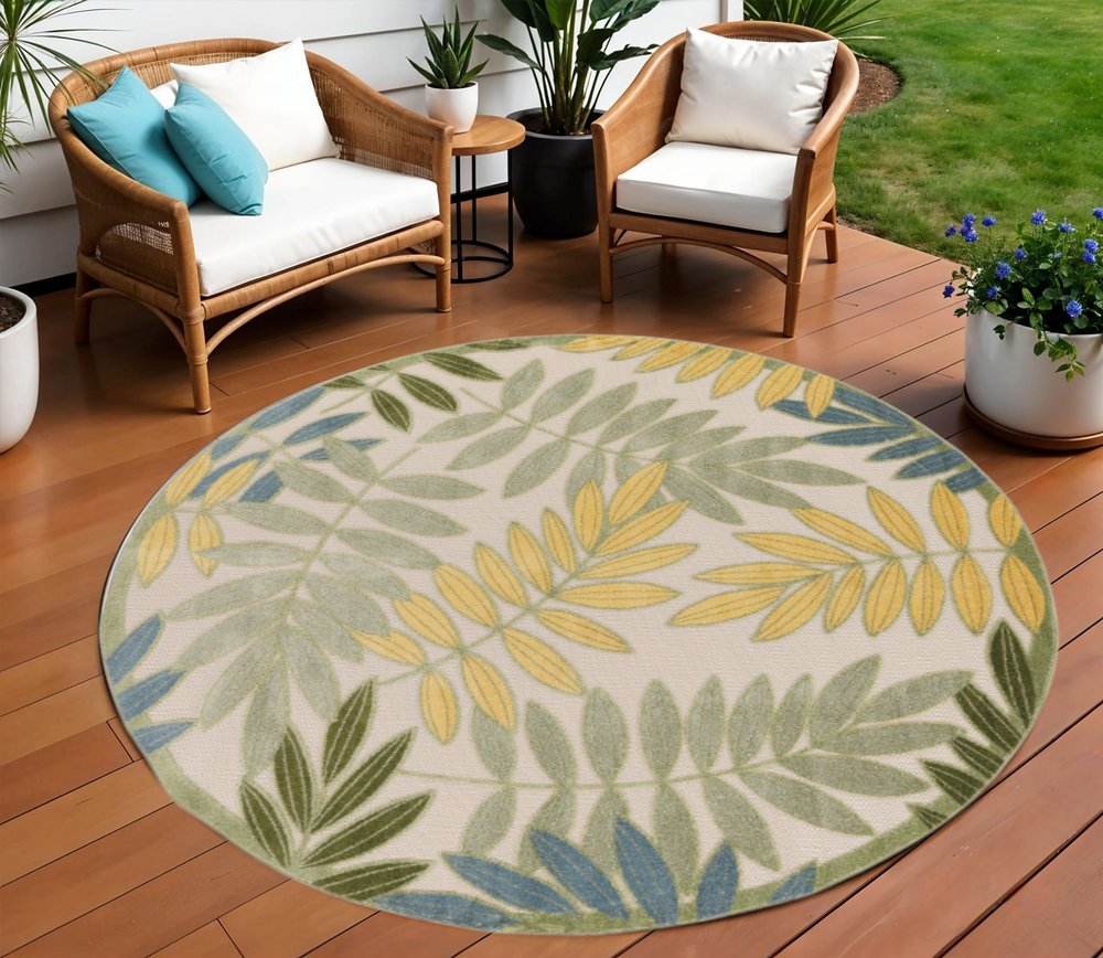 8' Green Yellow And Blue Round Palm Leaf Indoor Outdoor Area Rug HomeRoots