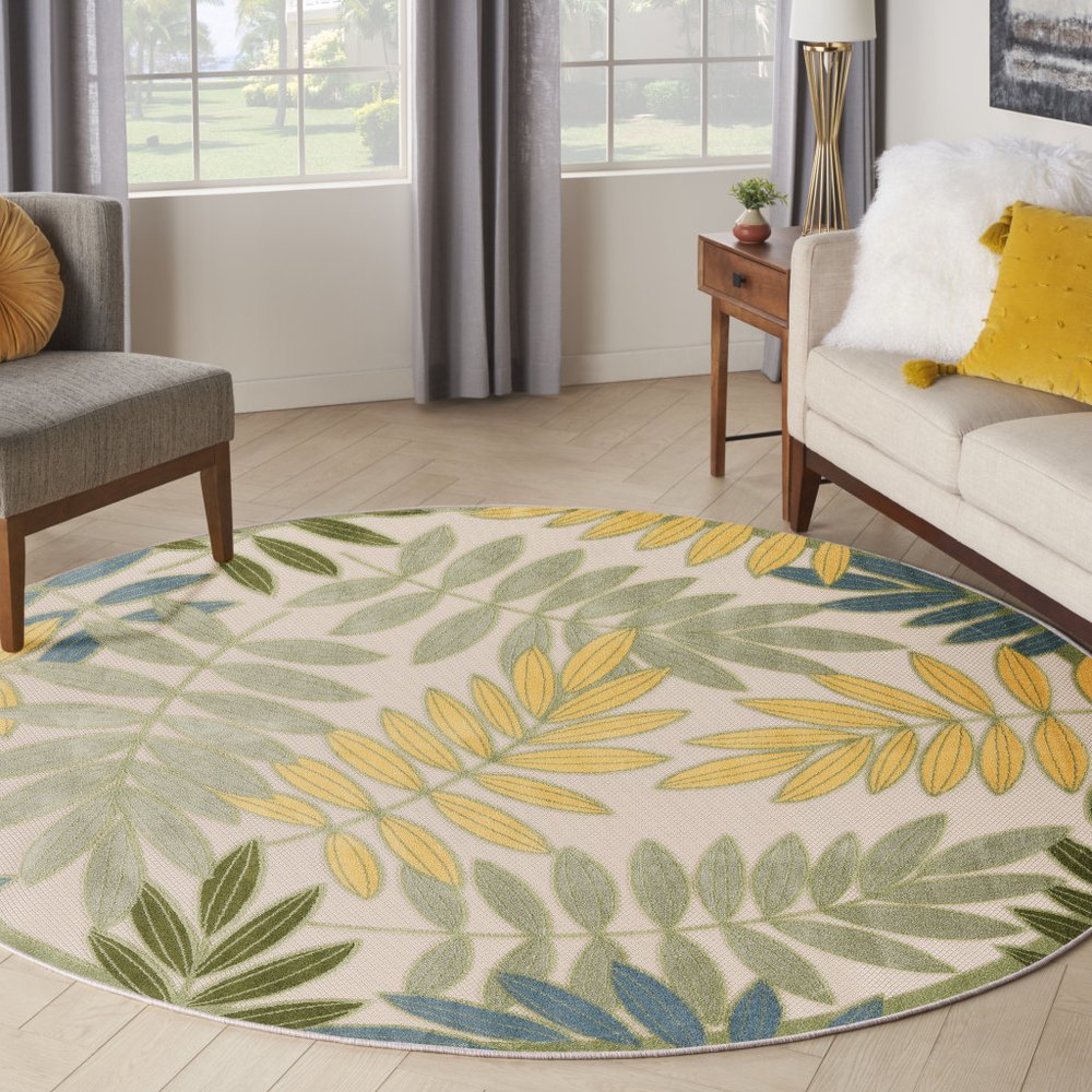8' Green Yellow And Blue Round Palm Leaf Indoor Outdoor Area Rug HomeRoots