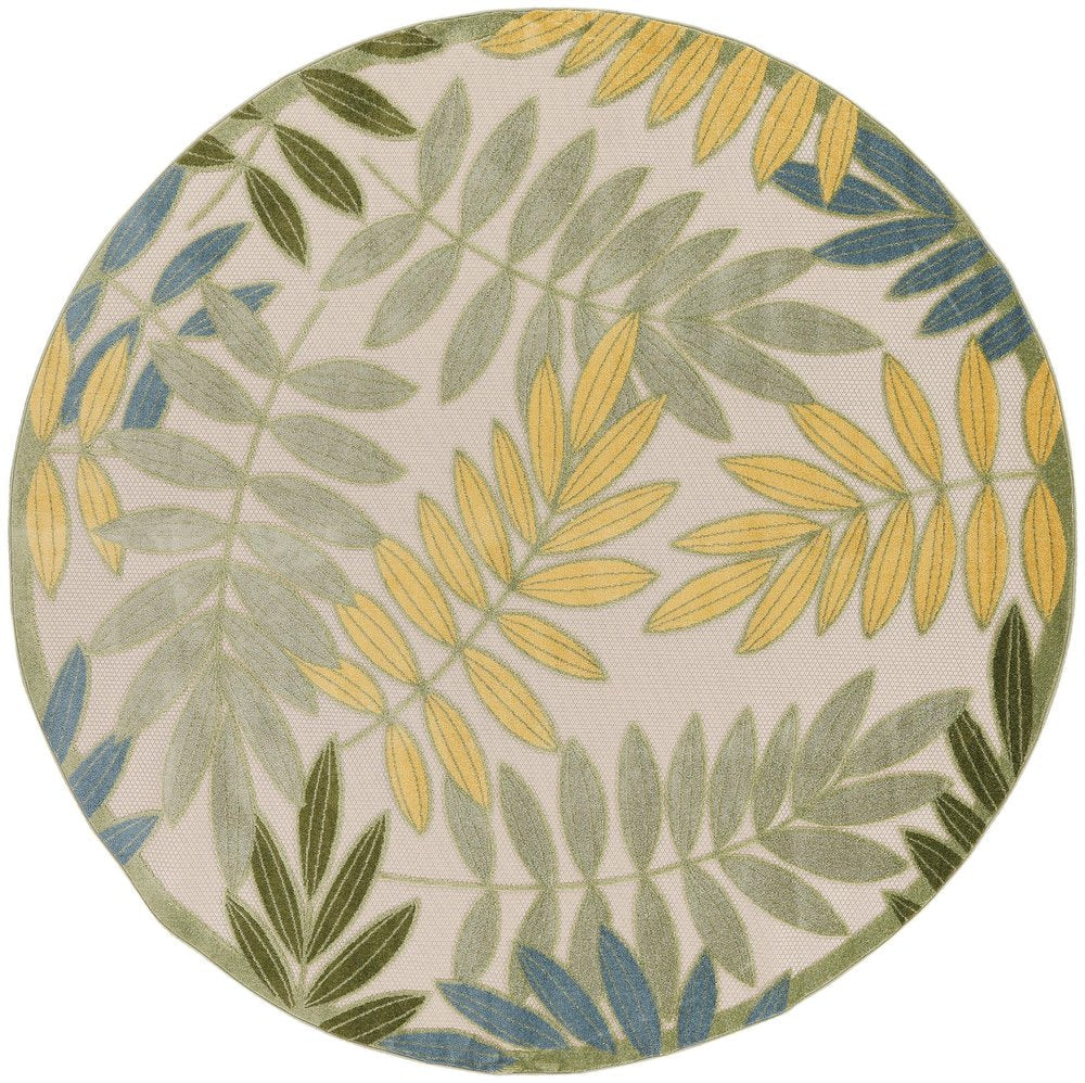 8' Green Yellow And Blue Round Palm Leaf Indoor Outdoor Area Rug HomeRoots