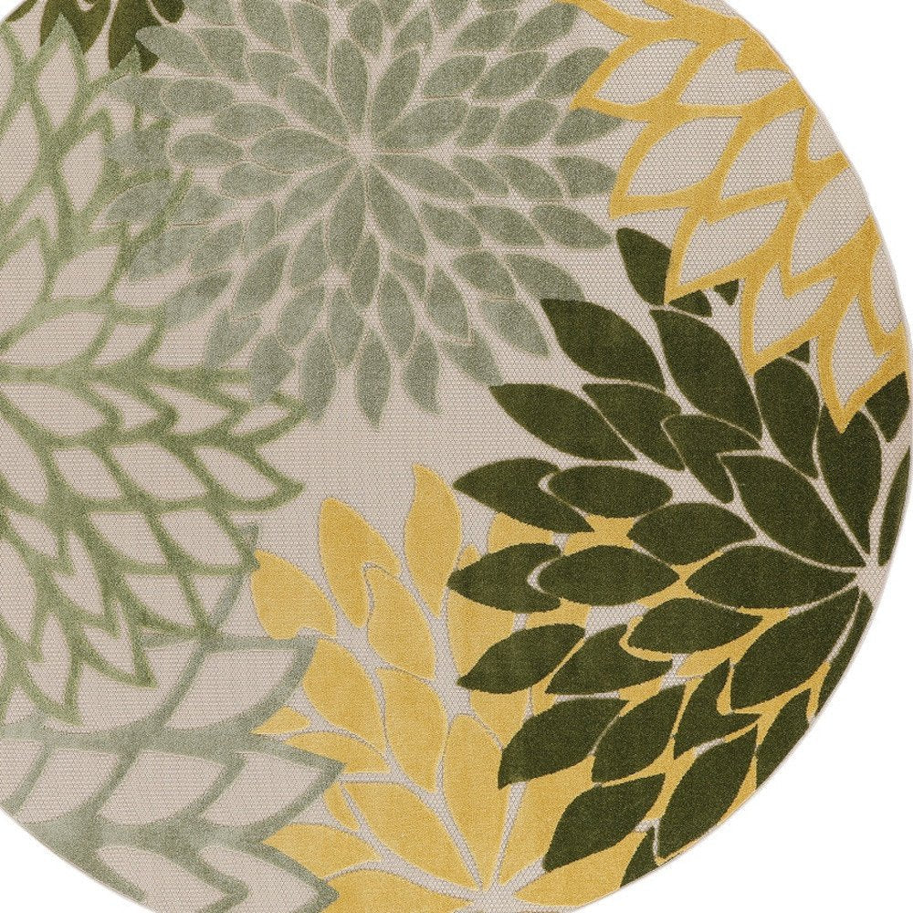 8' Ivory Green And Yellow Round Floral Indoor Outdoor Area Rug HomeRoots