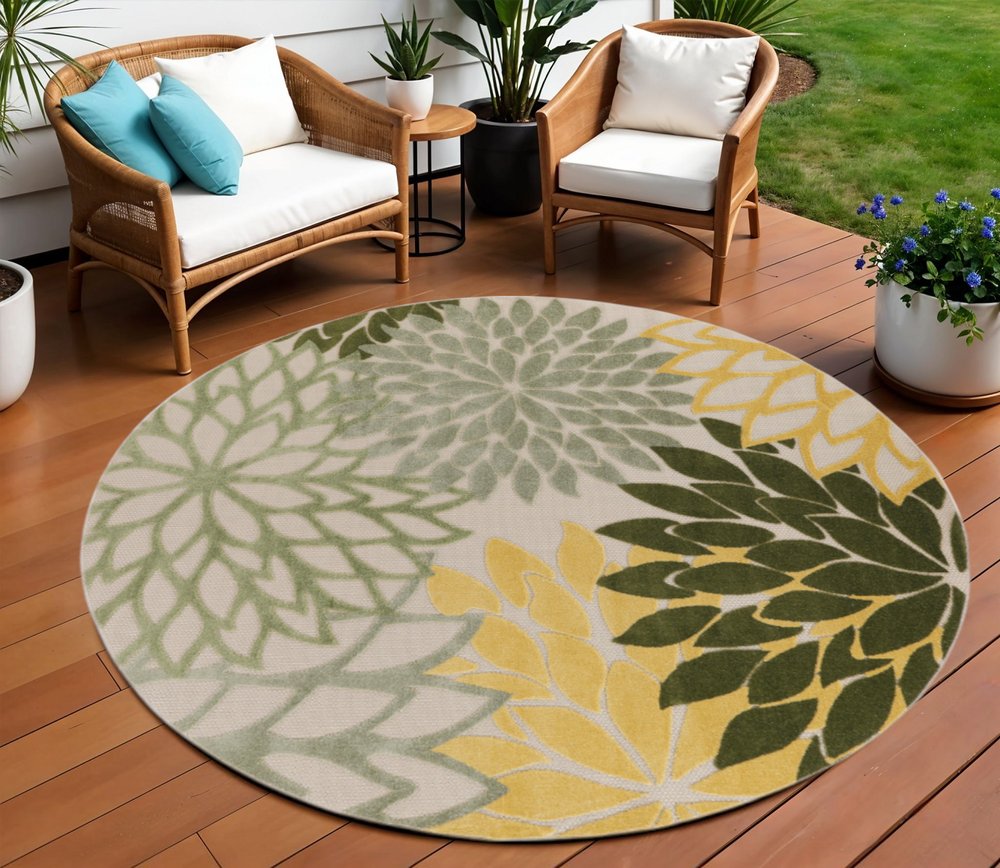 8' Ivory Green And Yellow Round Floral Indoor Outdoor Area Rug HomeRoots