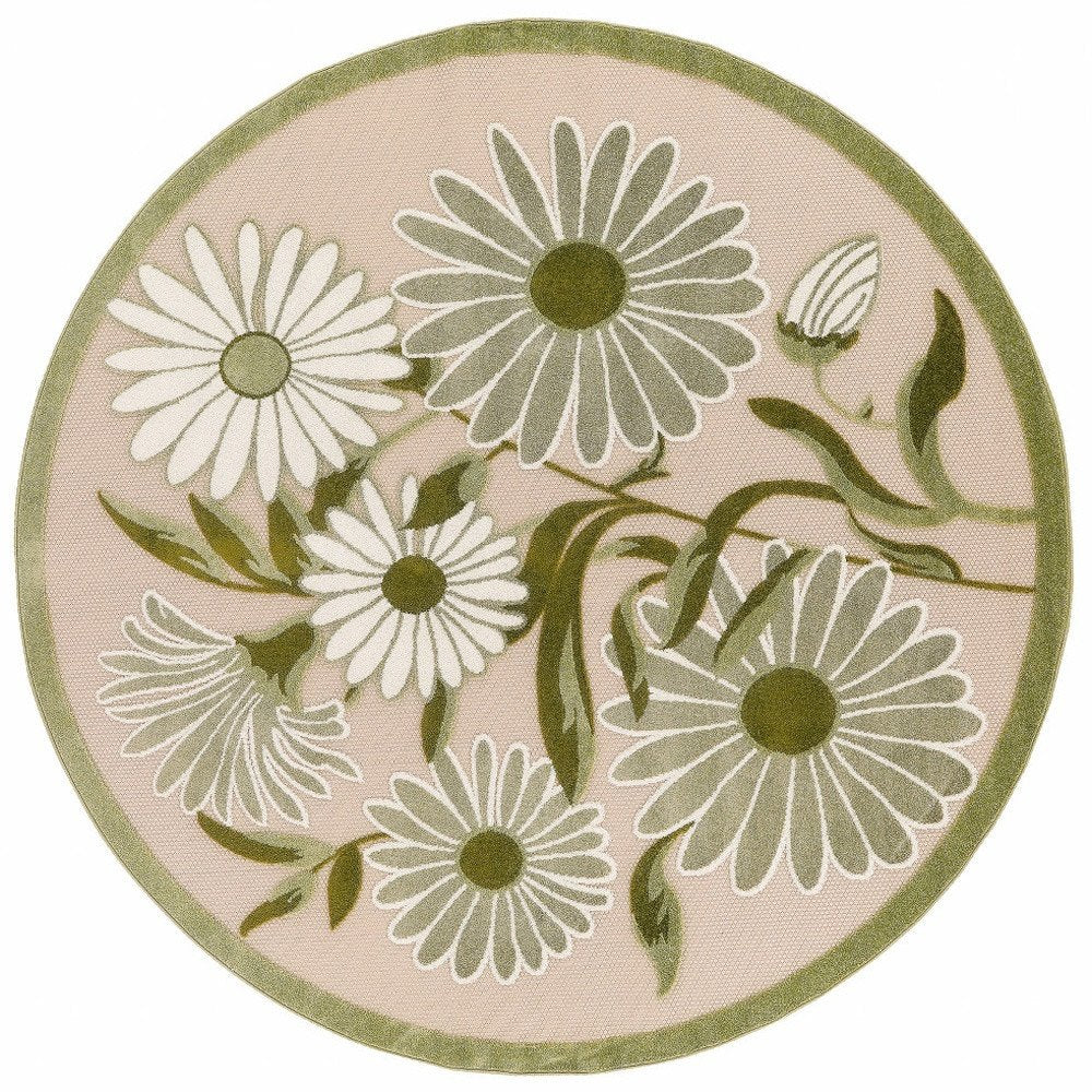 8' Ivory And Green Round Floral Indoor Outdoor Area Rug HomeRoots