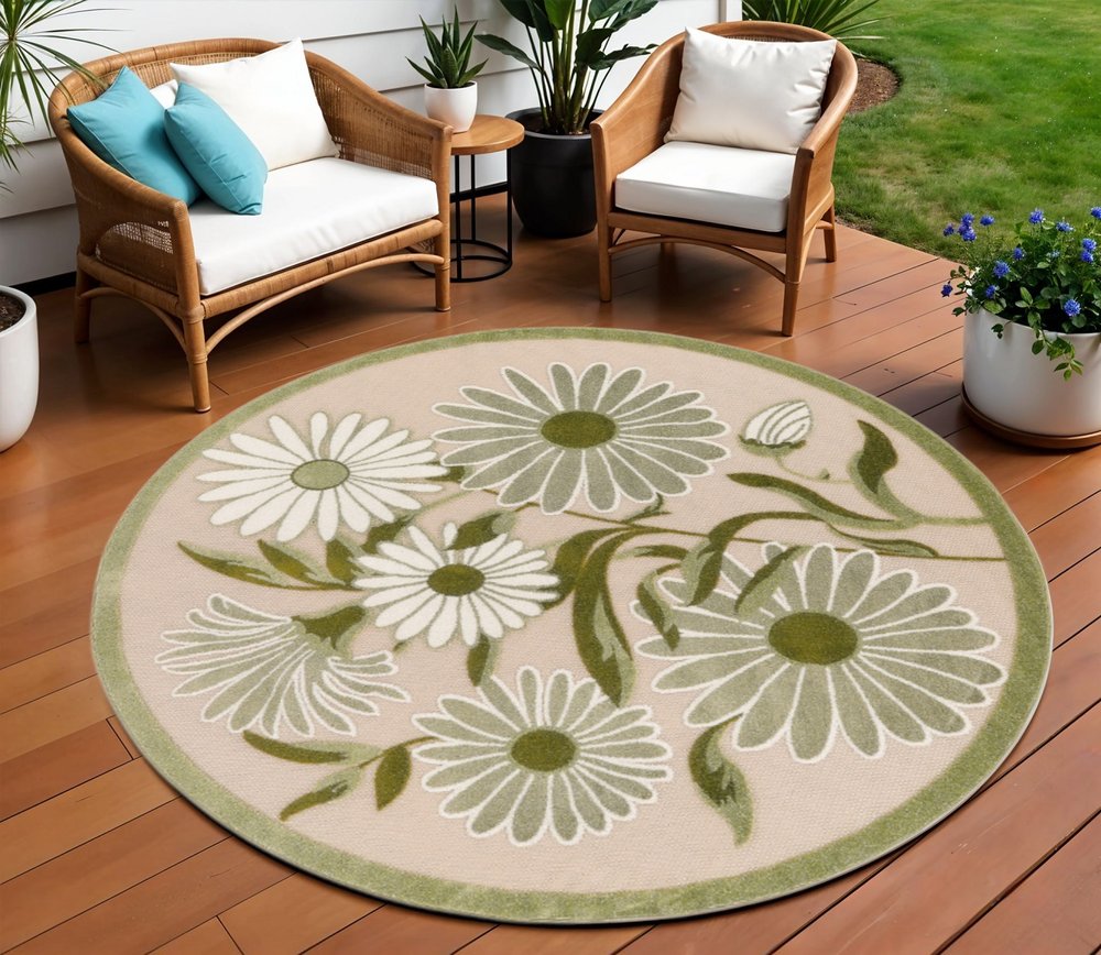 8' Ivory And Green Round Floral Indoor Outdoor Area Rug HomeRoots