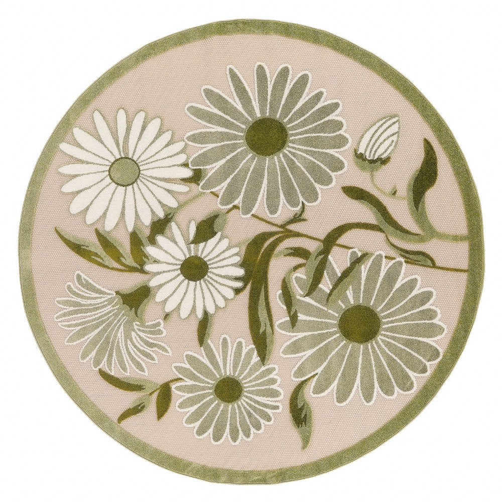 8' Ivory And Green Round Floral Indoor Outdoor Area Rug HomeRoots