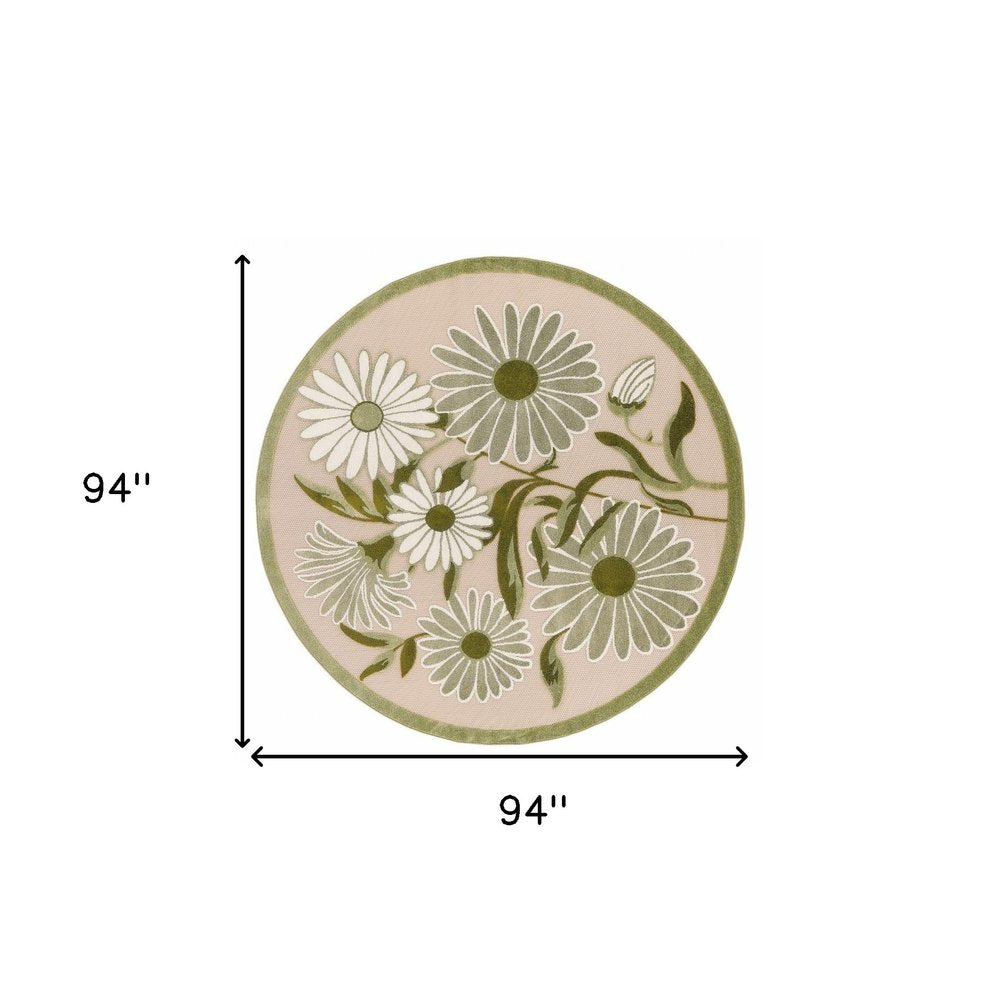 8' Ivory And Green Round Floral Indoor Outdoor Area Rug HomeRoots