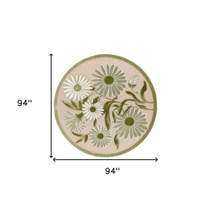 8' Ivory And Green Round Floral Indoor Outdoor Area Rug HomeRoots