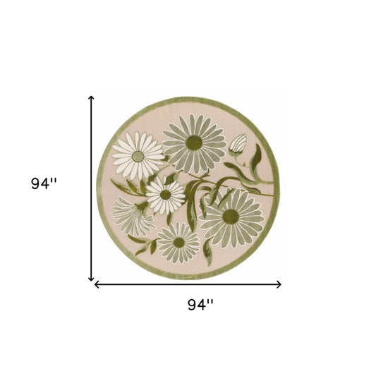 8' Ivory And Green Round Floral Indoor Outdoor Area Rug HomeRoots