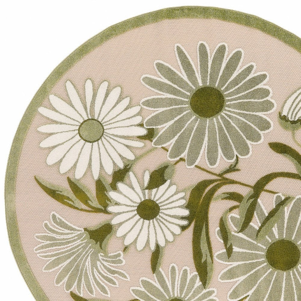 8' Ivory And Green Round Floral Indoor Outdoor Area Rug HomeRoots