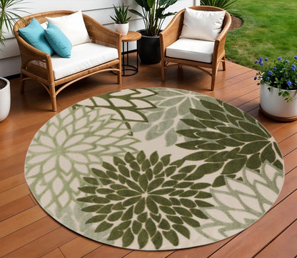 8' Ivory And Green Round Floral Indoor Outdoor Area Rug HomeRoots