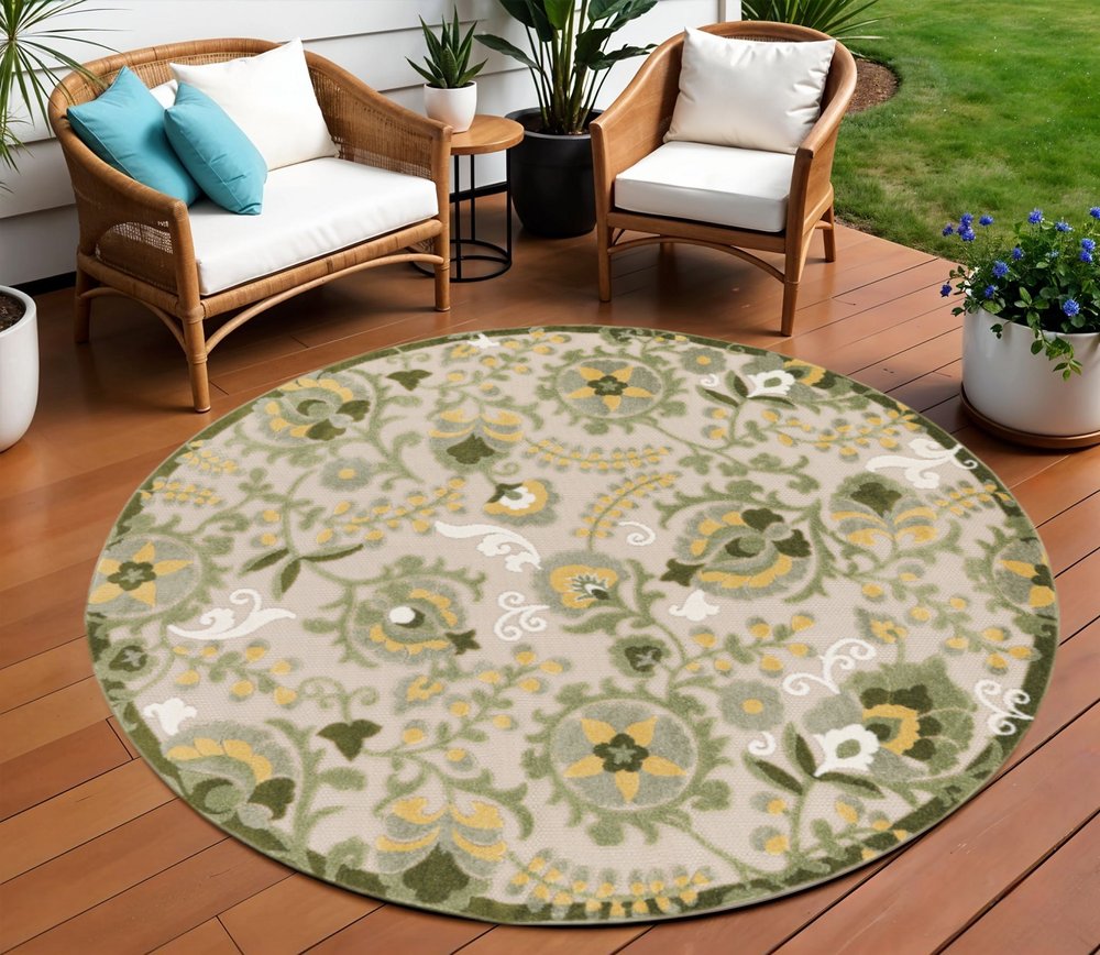 8' Ivory Green And Yellow Round Floral Indoor Outdoor Area Rug HomeRoots