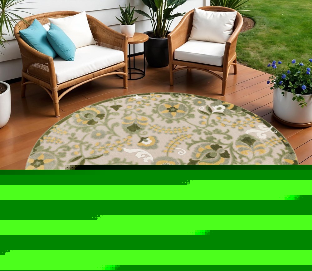 8' Ivory Green And Yellow Round Floral Indoor Outdoor Area Rug