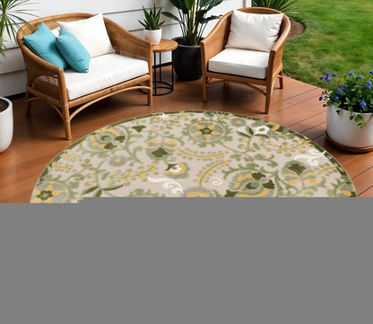 8' Ivory Green And Yellow Round Floral Indoor Outdoor Area Rug