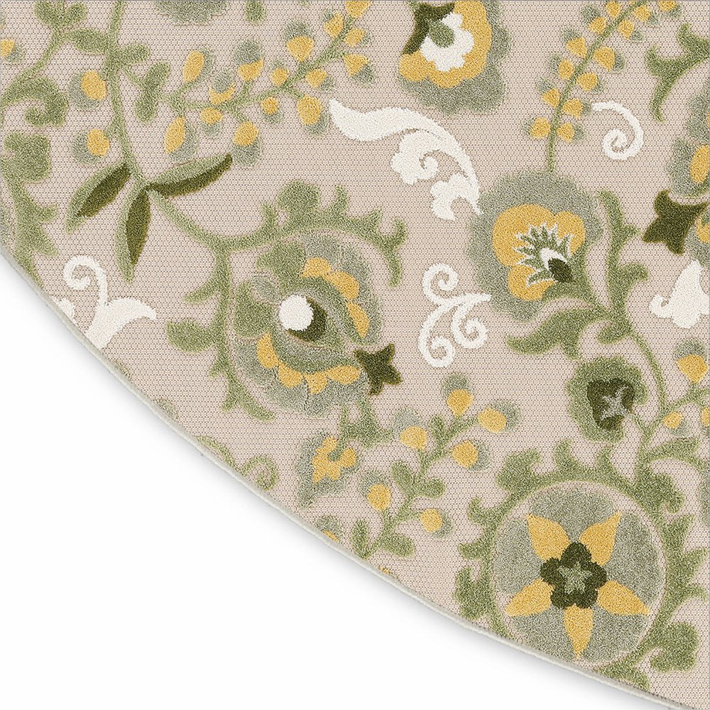 8' Ivory Green And Yellow Round Floral Indoor Outdoor Area Rug HomeRoots