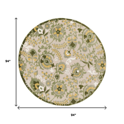8' Ivory Green And Yellow Round Floral Indoor Outdoor Area Rug HomeRoots