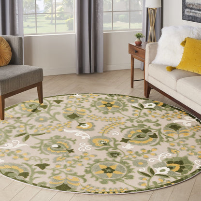8' Ivory Green And Yellow Round Floral Indoor Outdoor Area Rug