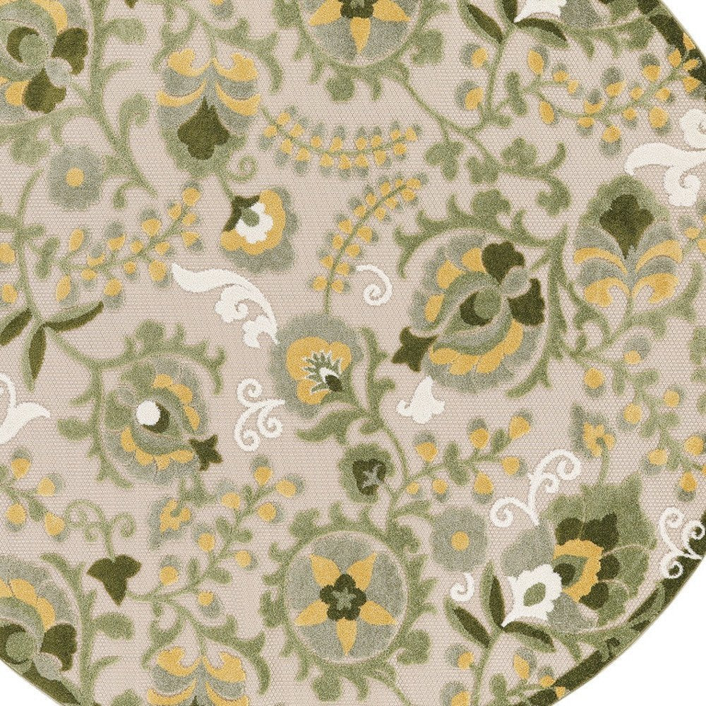 8' Ivory Green And Yellow Round Floral Indoor Outdoor Area Rug HomeRoots