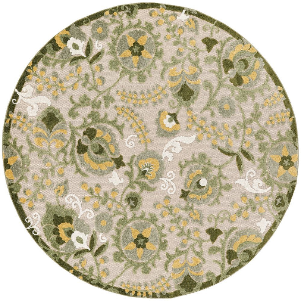 8' Ivory Green And Yellow Round Floral Indoor Outdoor Area Rug HomeRoots