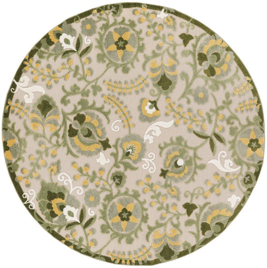 8' Ivory Green And Yellow Round Floral Indoor Outdoor Area Rug