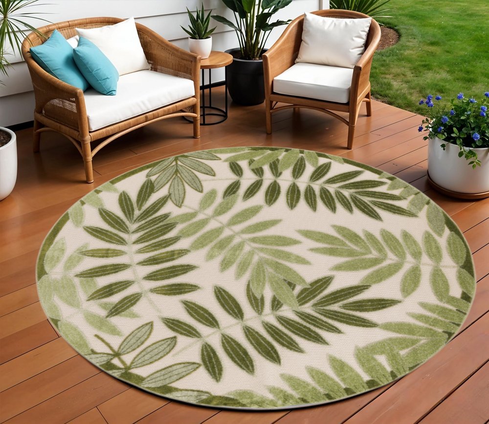 8' Ivory And Green Round Palm Leaf Indoor Outdoor Area Rug HomeRoots