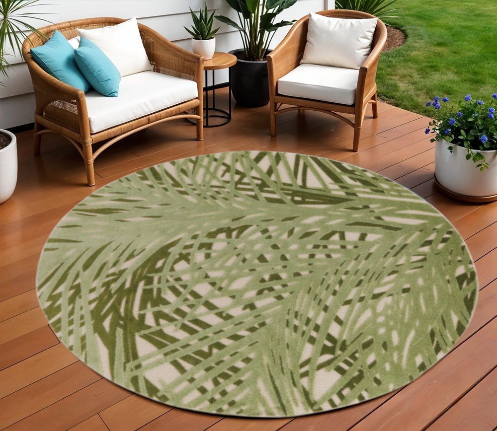 8' Ivory And Green Round Palm Leaf Indoor Outdoor Area Rug HomeRoots
