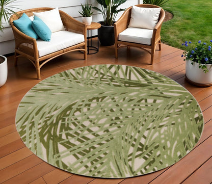 8' Ivory And Green Round Palm Leaf Indoor Outdoor Area Rug HomeRoots
