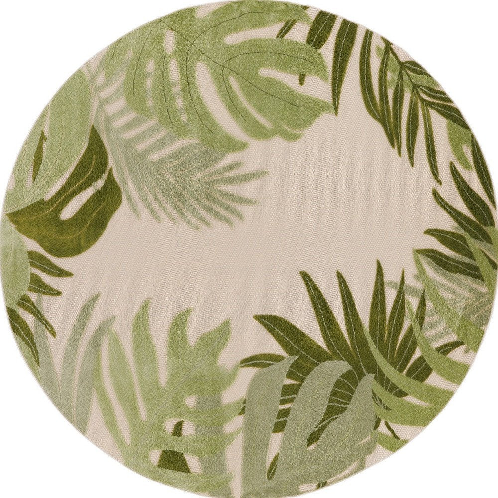 8' Ivory And Green Round Palm Leaf Indoor Outdoor Area Rug HomeRoots