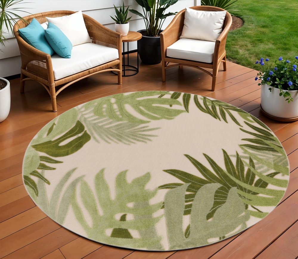 8' Ivory And Green Round Palm Leaf Indoor Outdoor Area Rug HomeRoots