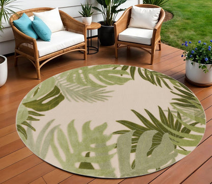 8' Ivory And Green Round Palm Leaf Indoor Outdoor Area Rug HomeRoots