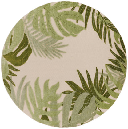 8' Ivory And Green Round Palm Leaf Indoor Outdoor Area Rug HomeRoots