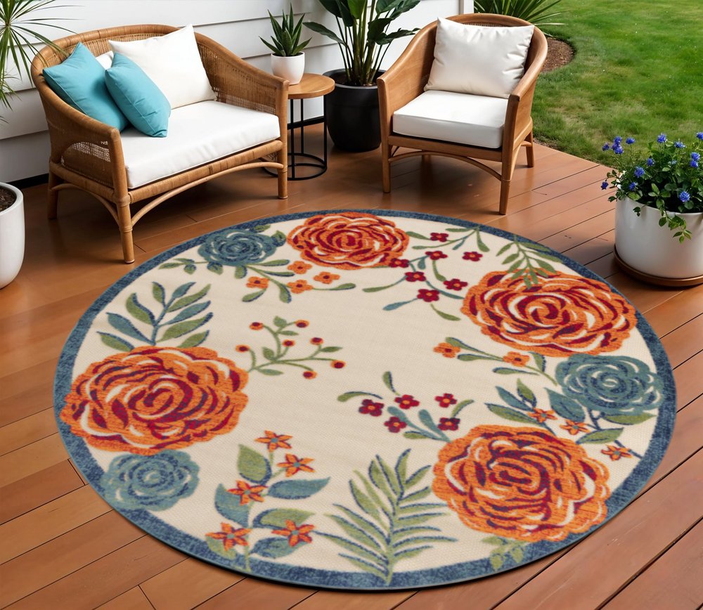 8' Ivory Orange Green And Blue Round Floral Indoor Outdoor Area Rug HomeRoots