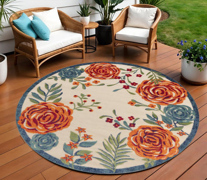 8' Ivory Orange Green And Blue Round Floral Indoor Outdoor Area Rug HomeRoots