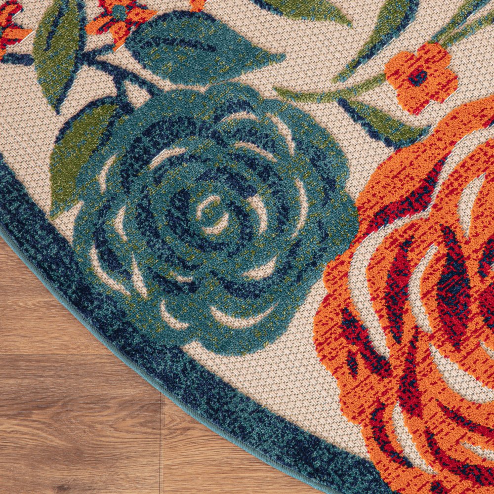 8' Ivory Orange Green And Blue Round Floral Indoor Outdoor Area Rug HomeRoots