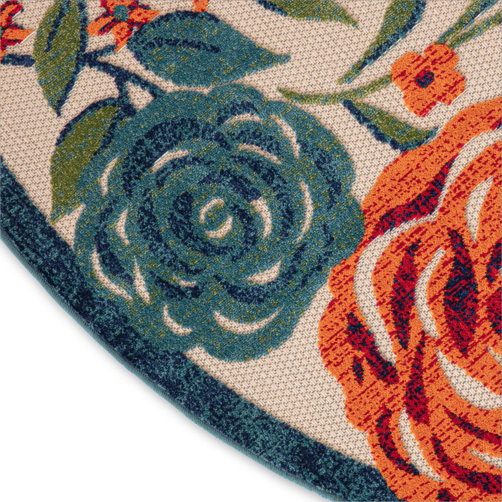 8' Ivory Orange Green And Blue Round Floral Indoor Outdoor Area Rug HomeRoots