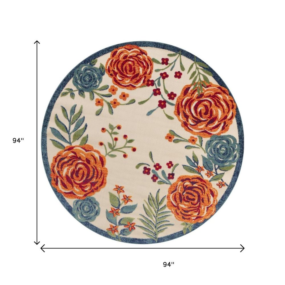 8' Ivory Orange Green And Blue Round Floral Indoor Outdoor Area Rug HomeRoots